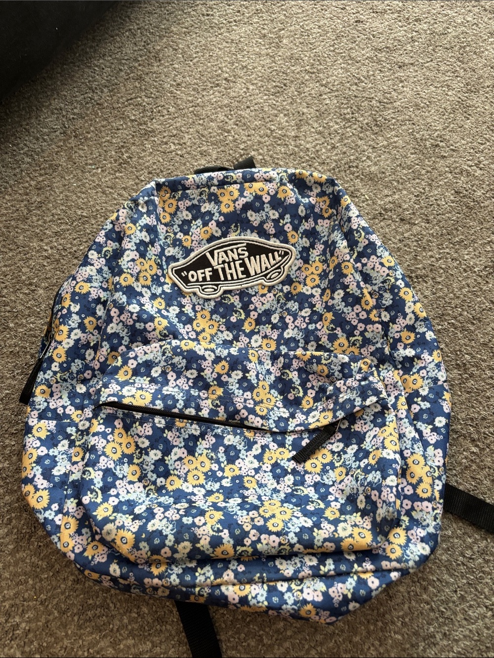 Vans Blue Floral Backpack with Yellow Accents